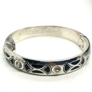 BRIGHTON Silver Bangle Bracelet Black Enamel Crystal Hinged Signed Vintage